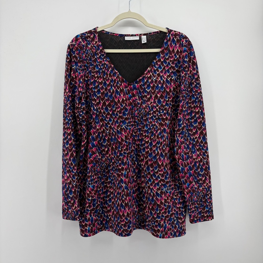 Susan Graver Womens L Multicolor V-Neck Long Sleeve Abstract Scale Print Top